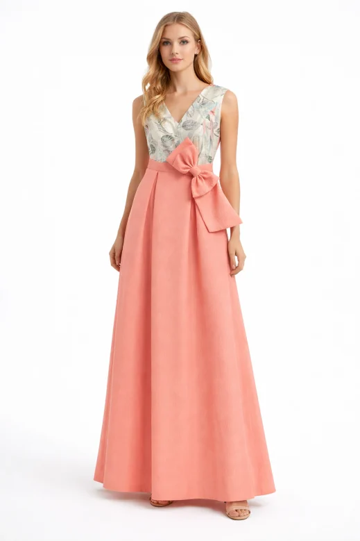 Vestido Largo Coral con Lazo Elegante y Estampado Floral Nataly Bodas